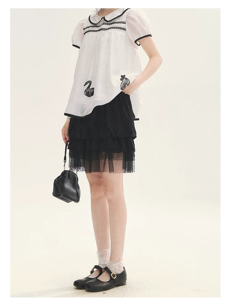 "Black & White Sonata" Polka Dot Mesh Tiered Jellyfish Skirt (White/ Black)