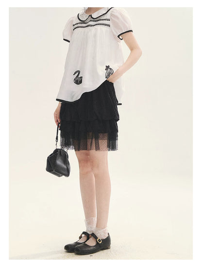 "Black & White Sonata" Polka Dot Mesh Tiered Jellyfish Skirt (White/ Black)