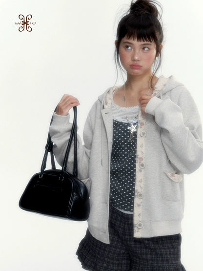 “Blooming Reverie” Light Heather Gray Floral Hooded Cardigan Sweatshirt