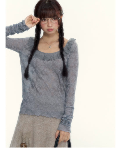 “Everyday Mist” Jacquard Lace Layering Top ( Ivory / Fog Gray )