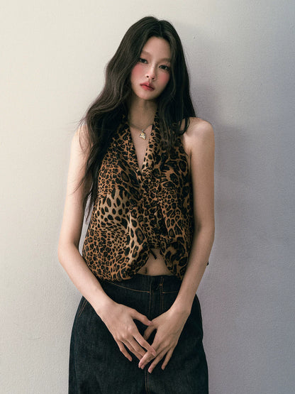 1P - Leopard Print Halter V-Neck Knot Top