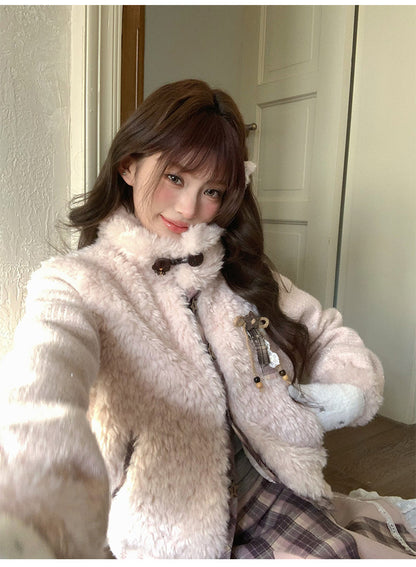 阮阮自制 - Love String Pink Plaid Wool Jacket & Mini Skirt Set