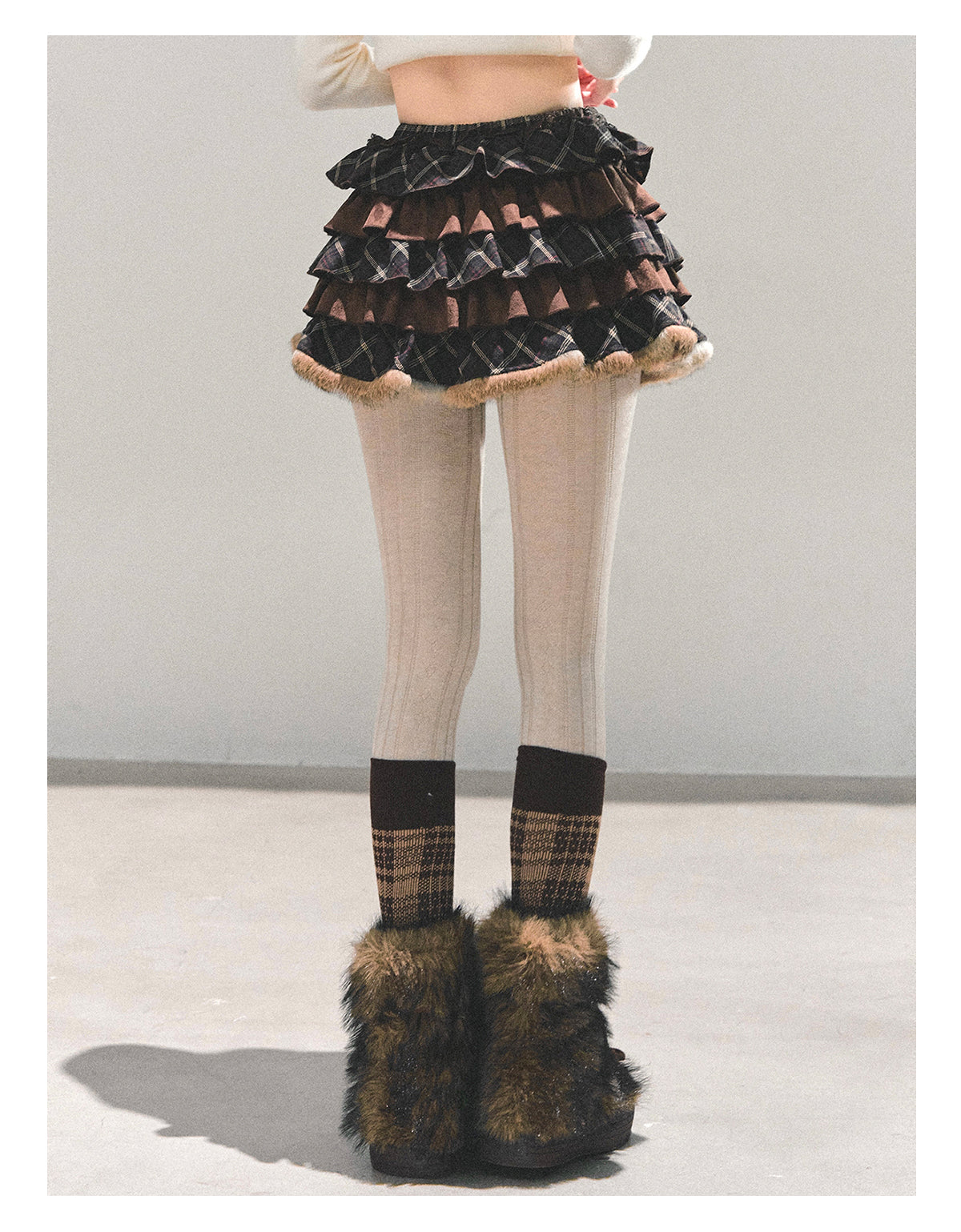 少也眼 “Melard Poem” Plaid Layered Brown Mini Skirt 8455211