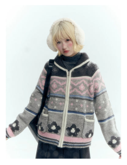Horridale - Gray Pink Fair Isle Floral Zip-Up Knit Cardigan