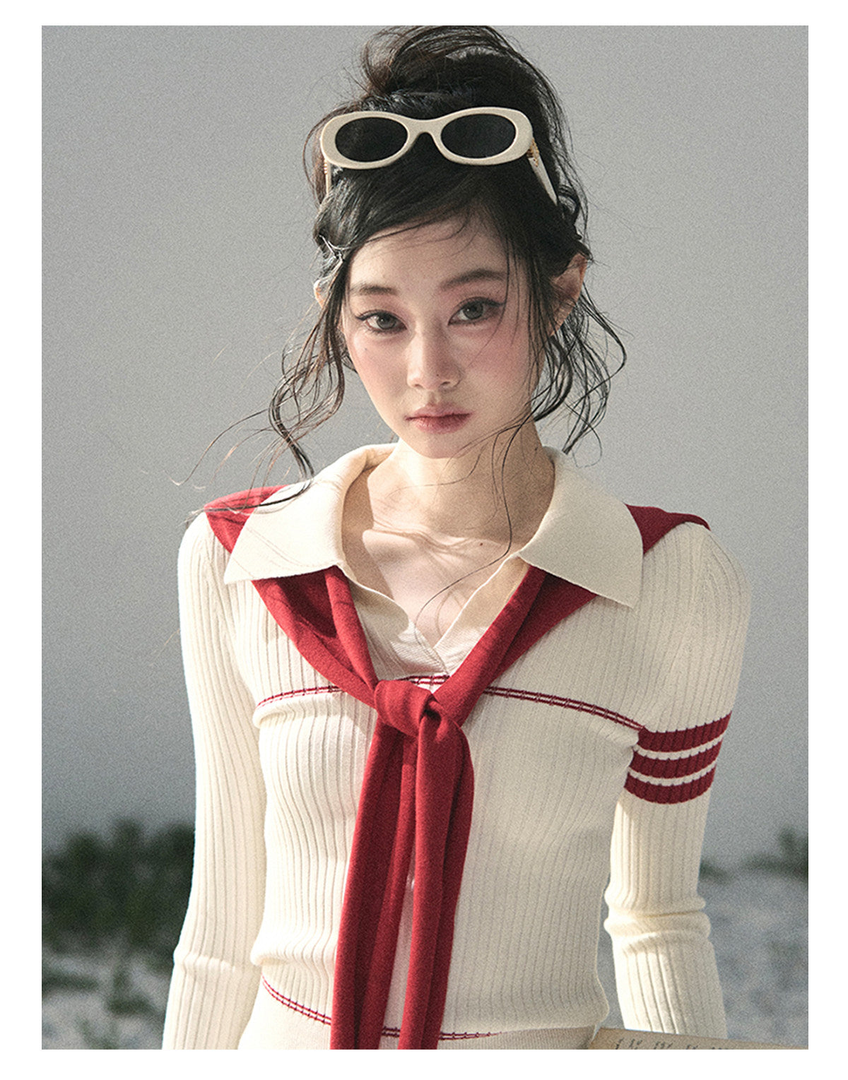 “Delhi Academy” Ivory Polo Knit Set with Angora Red Scarf