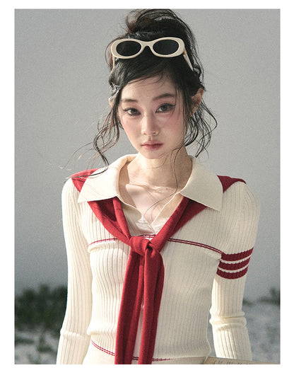 “Delhi Academy” Ivory Polo Knit Set with Angora Red Scarf