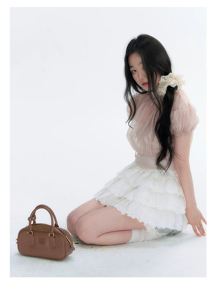 Vintage Stand Collar Bow Puff Sleeve Waist-Cinching Blouse with Knit Cami Set