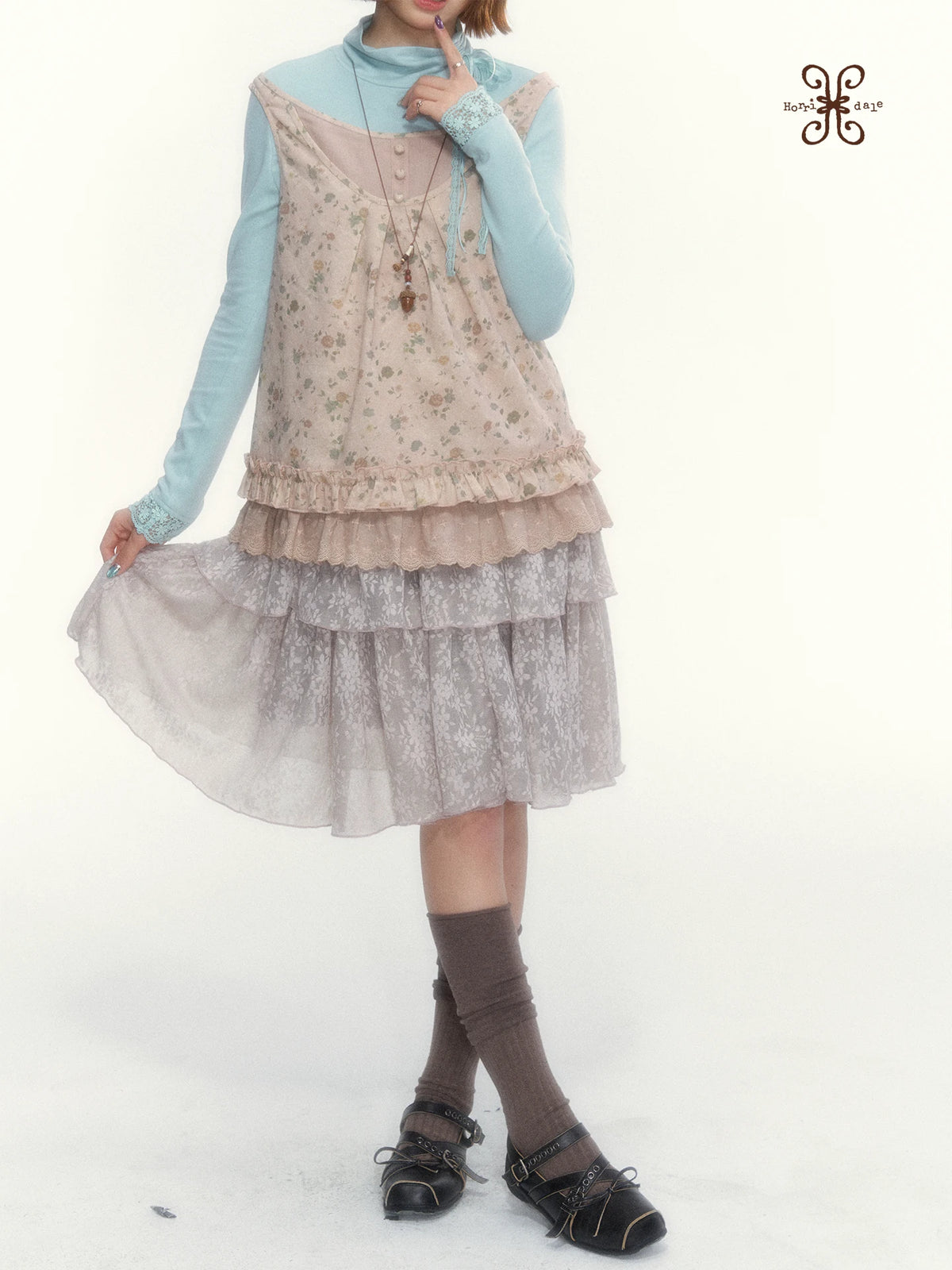 Misty Gray Pink Vintage Lace Tiered A-Line Skirt