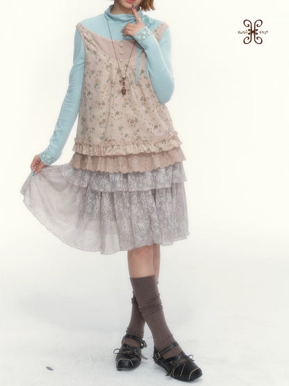 Misty Gray Pink Vintage Lace Tiered A-Line Skirt