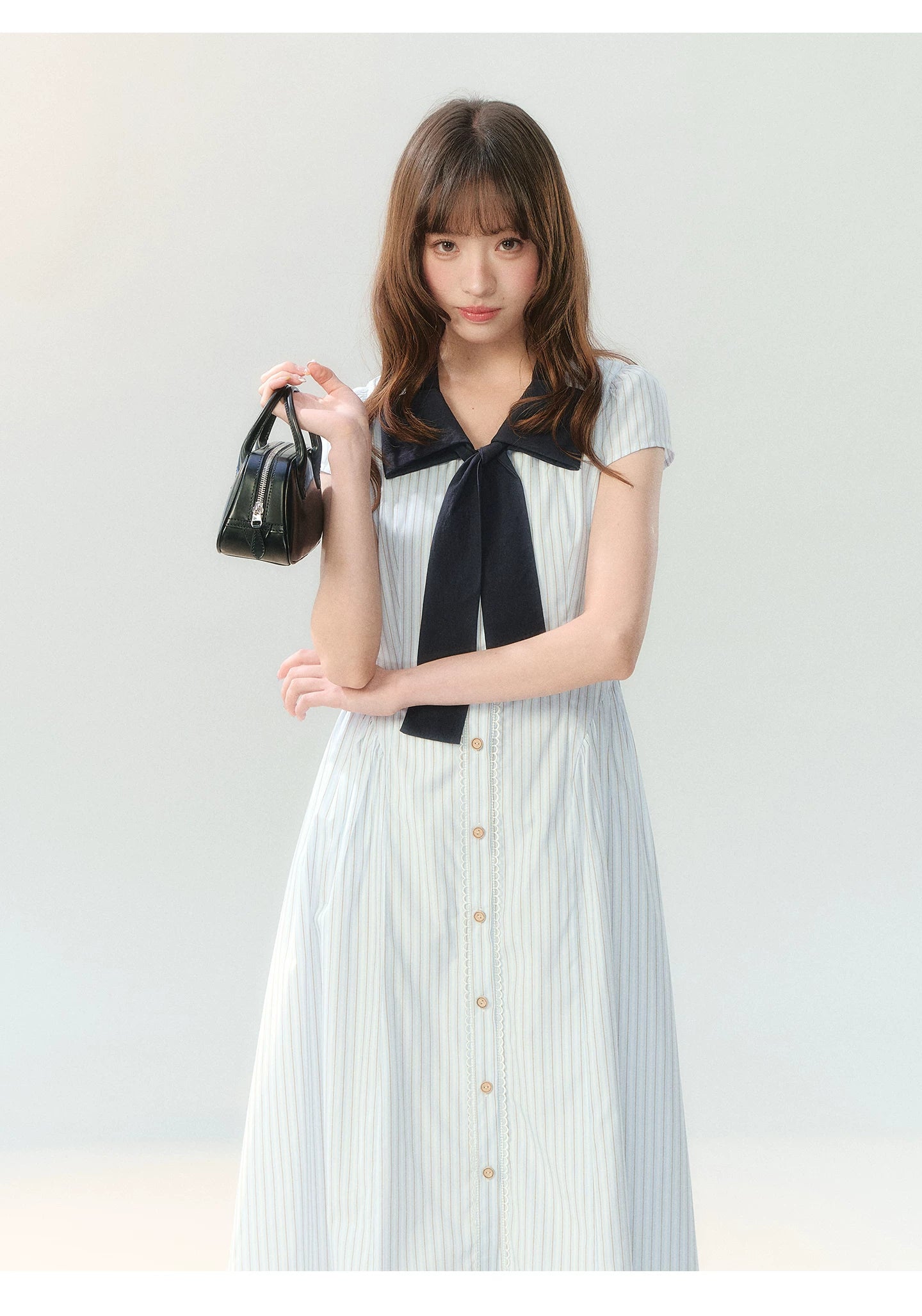 "Academy Breeze Letter" White Stripe Contrast Collar Dress
