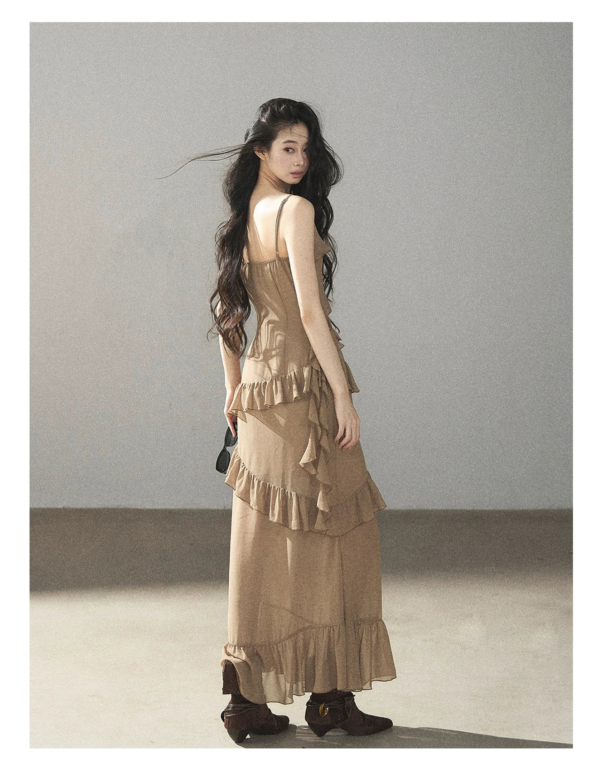 AOMALM - Cinnamon Gray-Brown Ruffle Chiffon Maxi Dress
