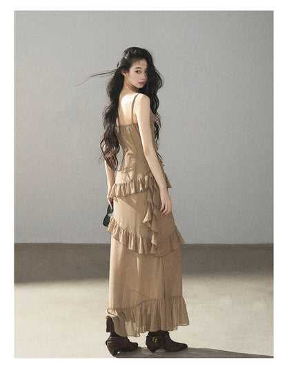 AOMALM - Cinnamon Gray-Brown Ruffle Chiffon Maxi Dress
