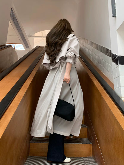 LaluneDuCiel - Beige Gray Double-Breasted Long Trench Coat
