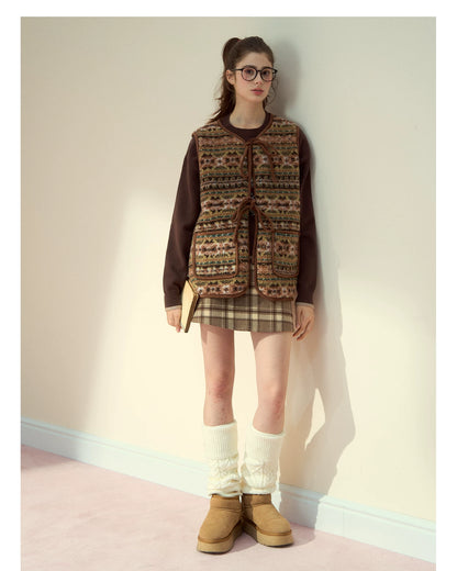 SunsetPark - "Mocha Fair Isle" Caramel Reversible Bow-Tie Faux Fur Vest Top