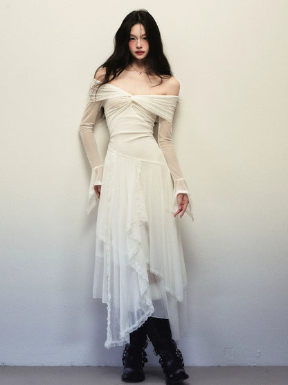 1P - White Off-Shoulder Asymmetrical Mesh Maxi Dress