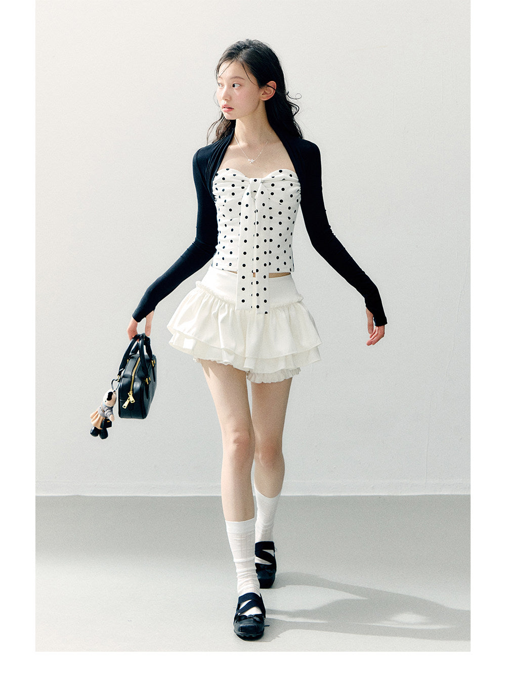 ANNATTO - Polka Dot Lyocell Faux Two-Piece Long Sleeve Top & White Skirt Set