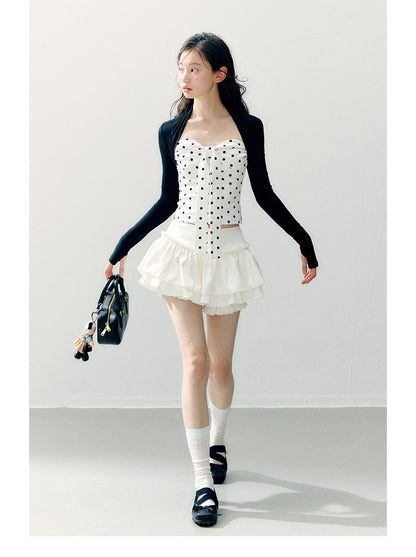 ANNATTO - Polka Dot Lyocell Faux Two-Piece Long Sleeve Top & White Skirt Set