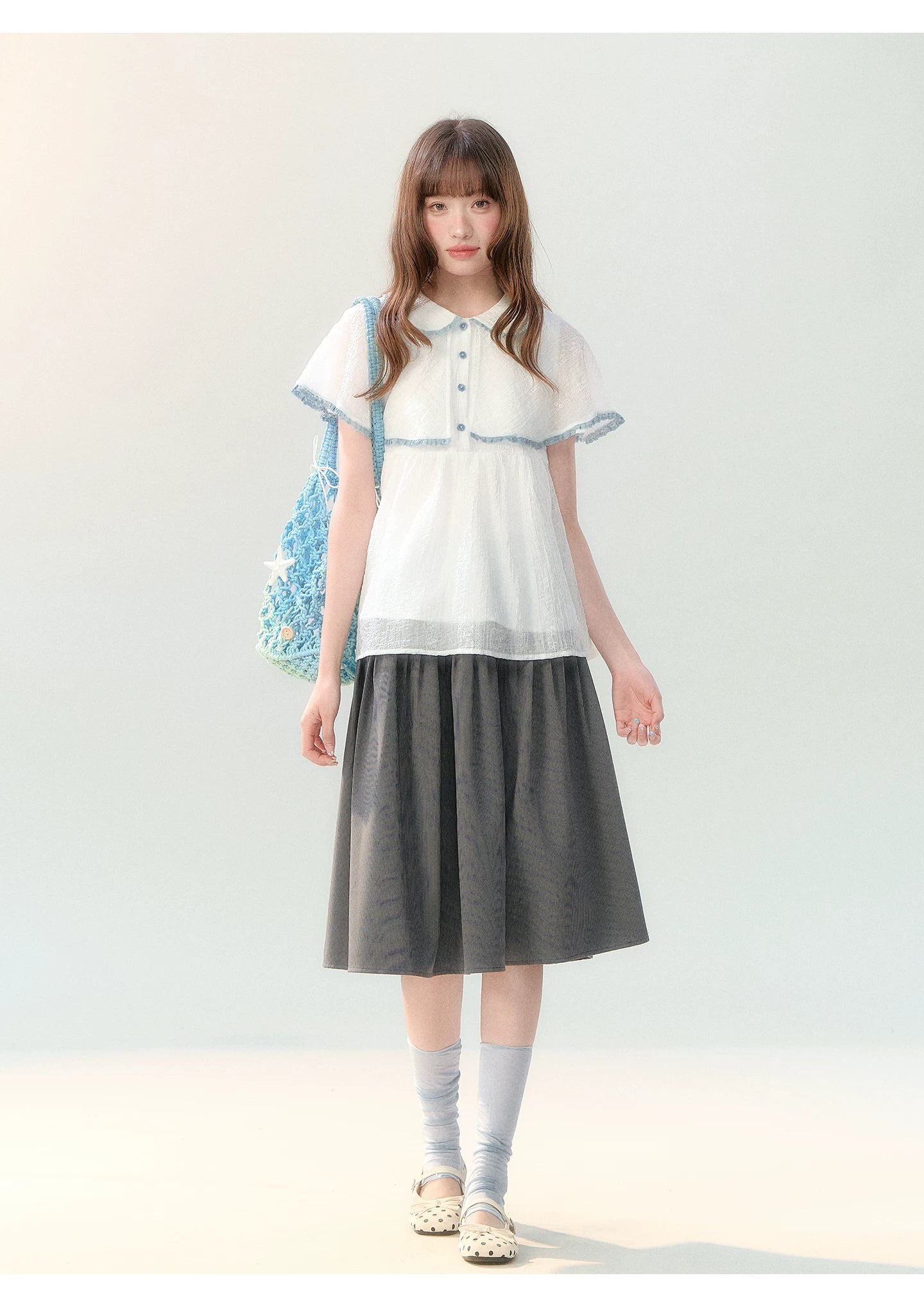 "Cloudside Letter" White Cape Collar Babydoll Blouse LL2026218