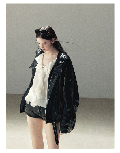 AOMALM - "Solo Journey" Quiet Black Oversized PU Moto Jacket