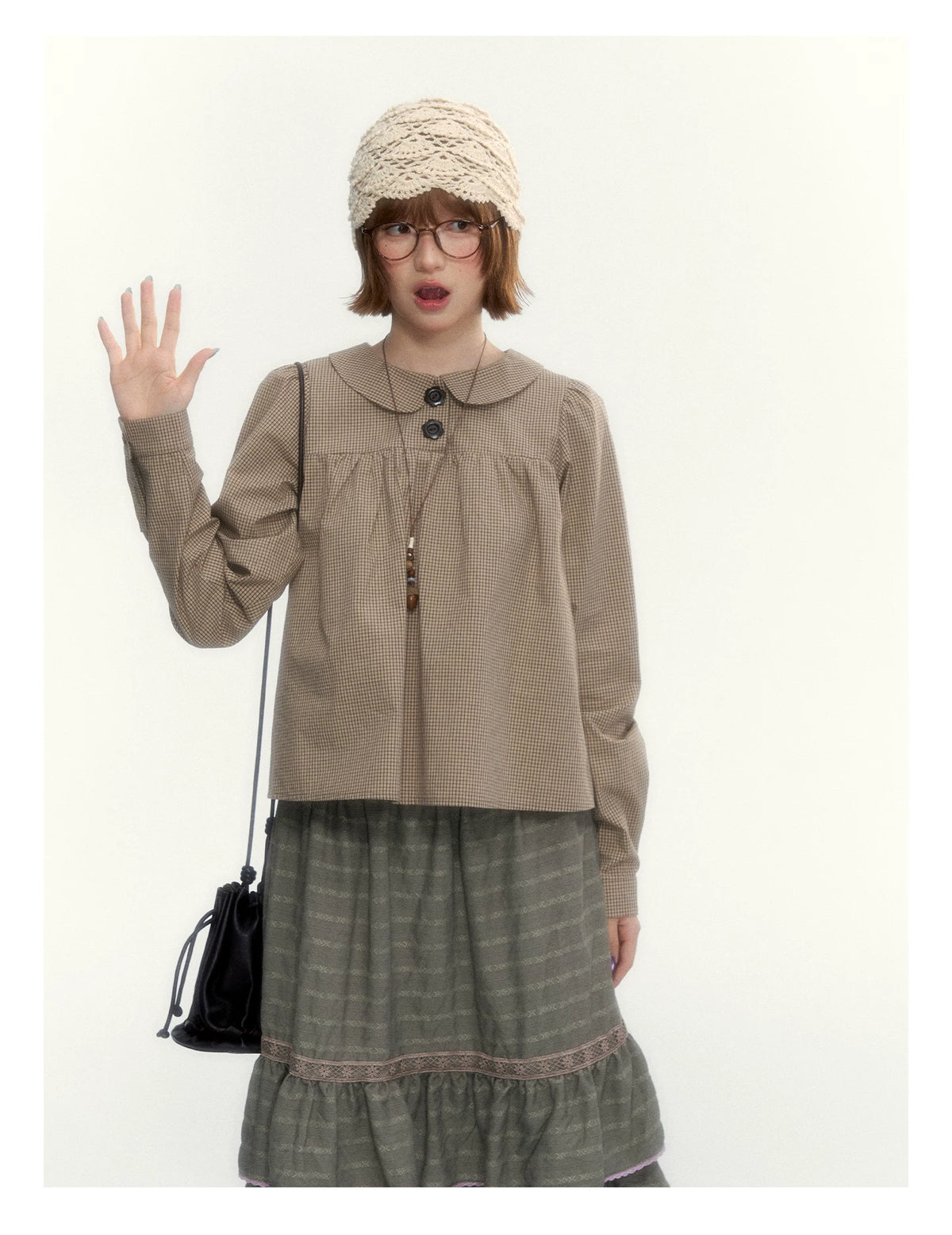 "The Vintage Darling" Light Coffee Plaid Cotton Peter Pan Collar Blouse