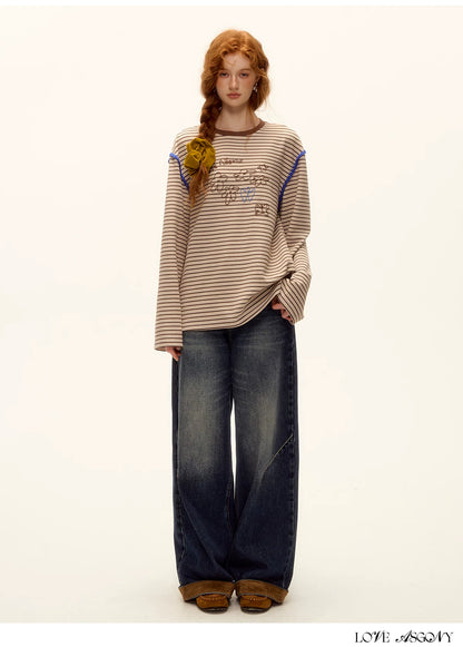 ASGONY - Striped Contrast Embroidered Shell Stitch T-Shirt