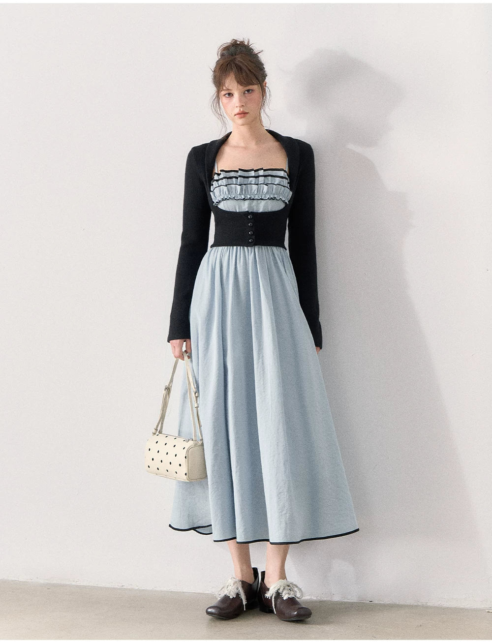 [TMMG] French Vintage Ruffle Dress & Cropped Knit Cardigan Set