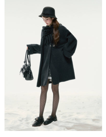 BIBIBENCY - Black Wool-Blend Coat with Detachable Scarf Collar