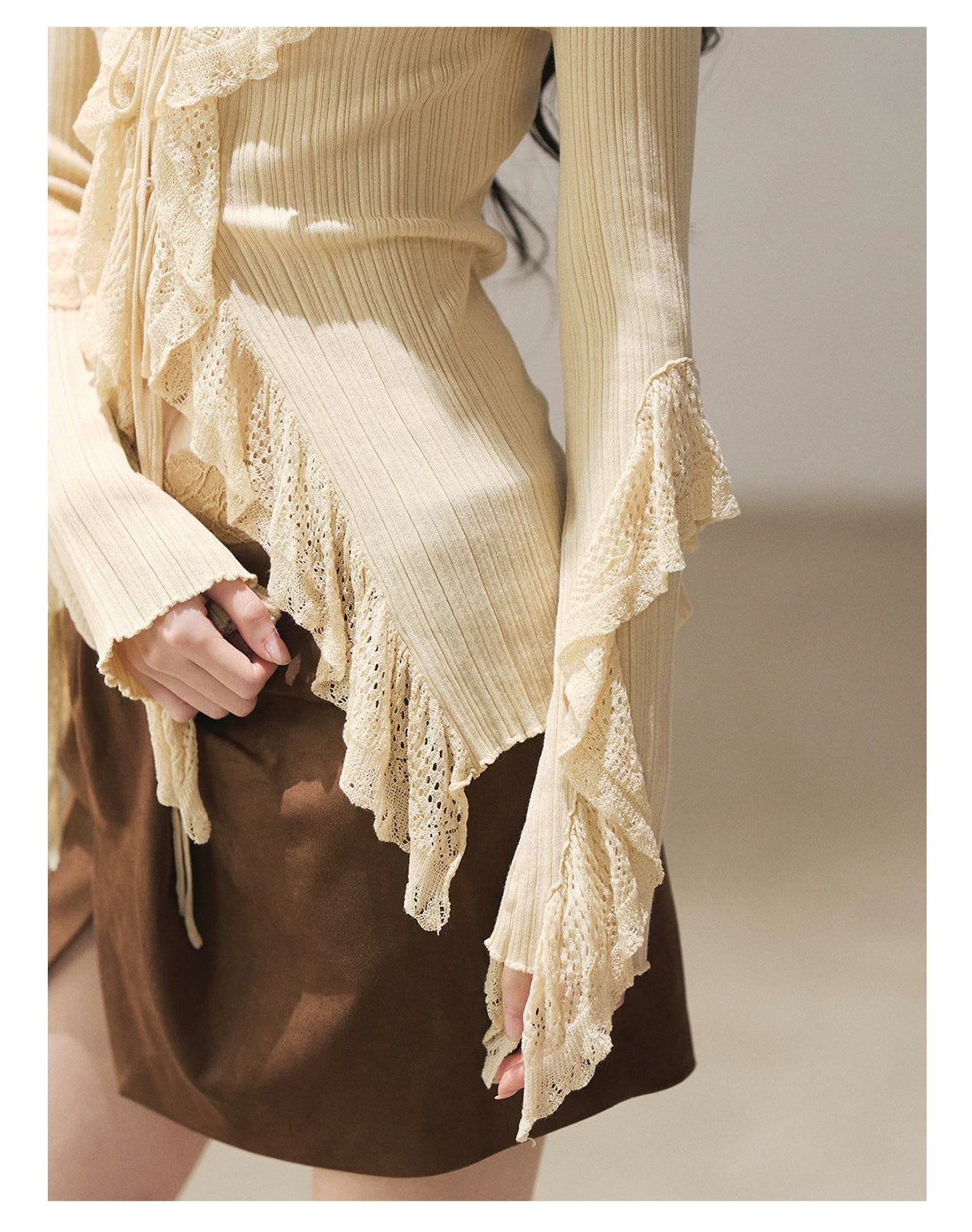 AOMALM - "The Gap of Light" Cheese Yellow Korean Ruffle Lace-Trim Knit Cardigan