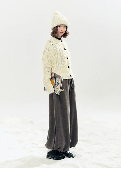 "Bunny Tea Party" Fleece-Lined Balloon Wide-Leg Pants (Hazelnut Brown/ Midnight Gray)