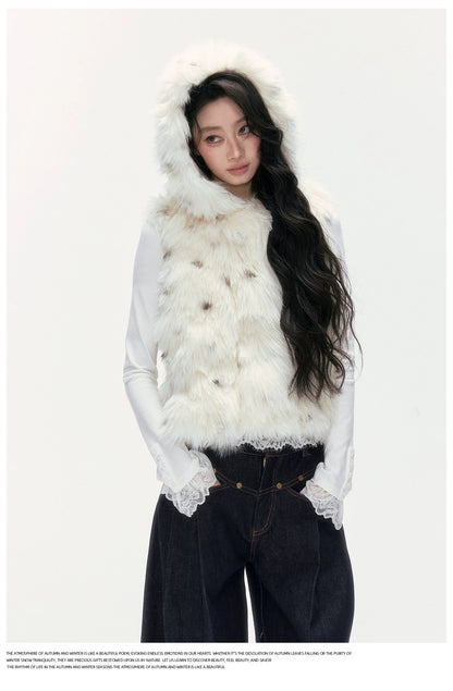 24olvides - Winter Mood Faux Fur Hooded Vest (Pink / Khaki / Cream White with Polka Dots)