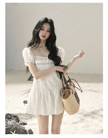 "Light as a Cloud" Frost White Puff Sleeve Lace Babydoll Mini Dress