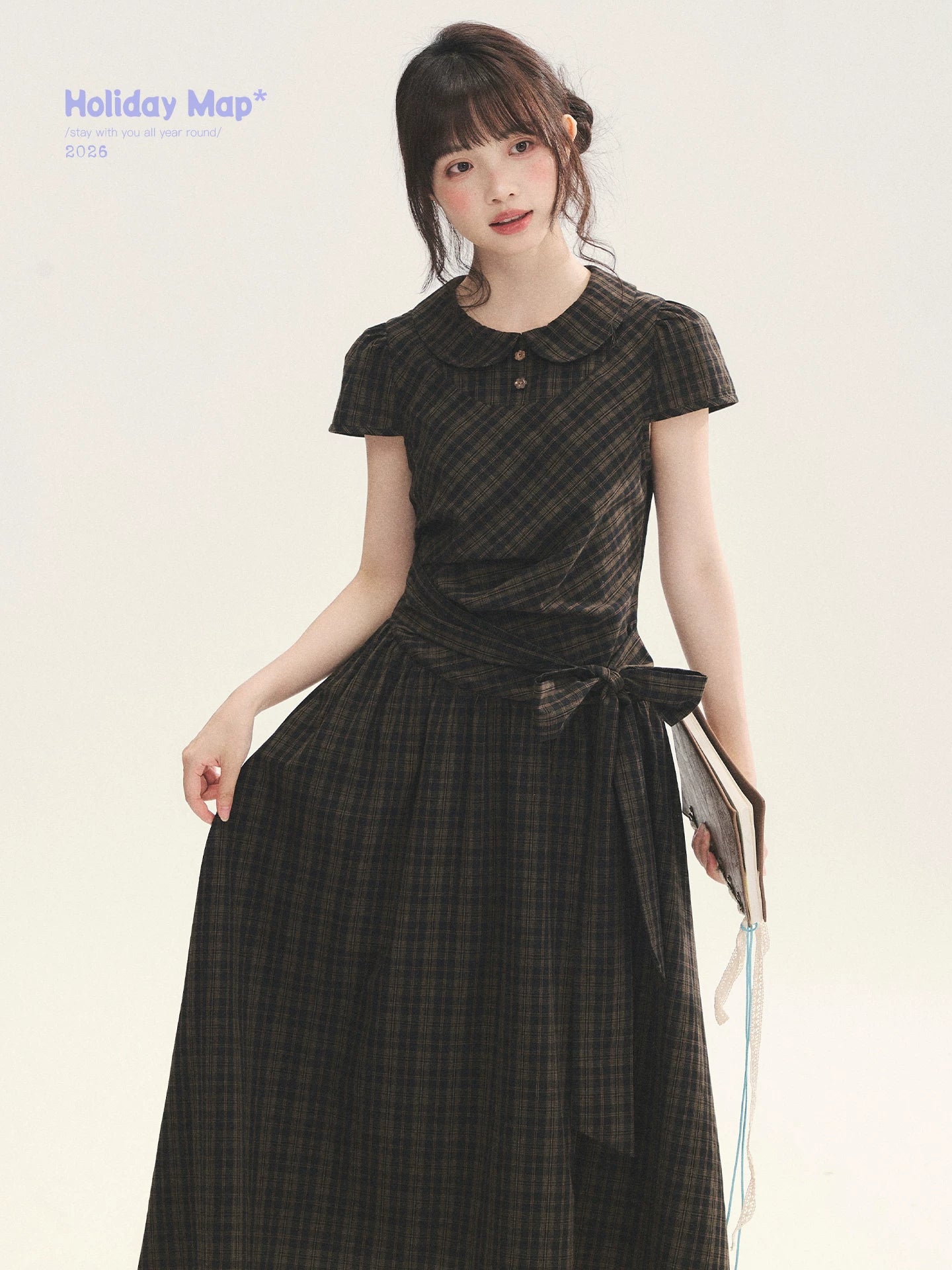 "Vintage Scholar" Black Brown Plaid Bow Tie Peter Pan Collar Maxi Dress