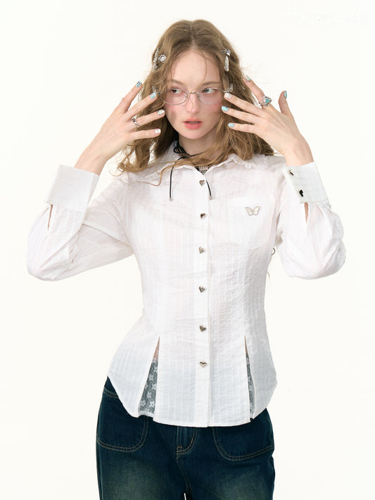 ZiziFei - Y2K Fitted White Shirt – Vintage Lace Panel Button-Up with Heart Details