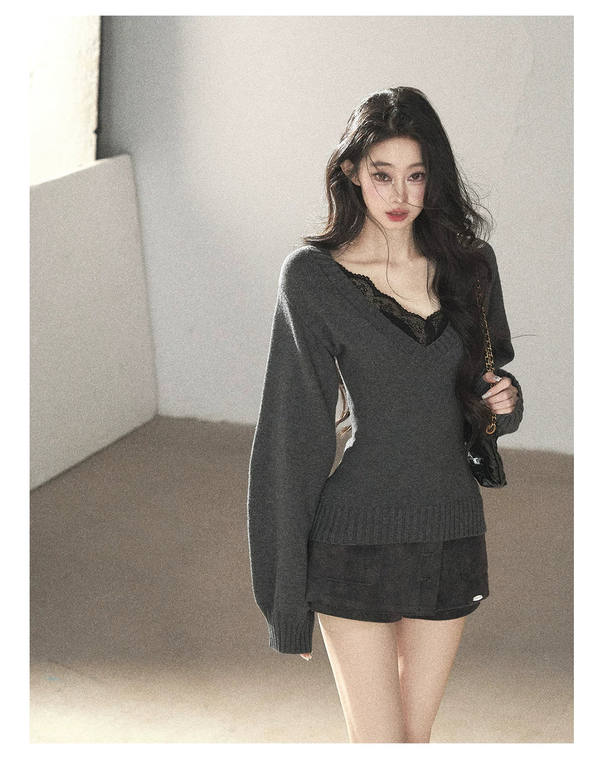 AOMALM - "Flowing River" Charcoal Gray V-Neck Ribbed Knit Sweater