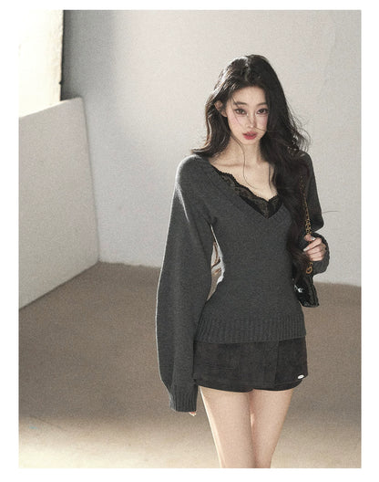 AOMALM - "Flowing River" Charcoal Gray V-Neck Ribbed Knit Sweater