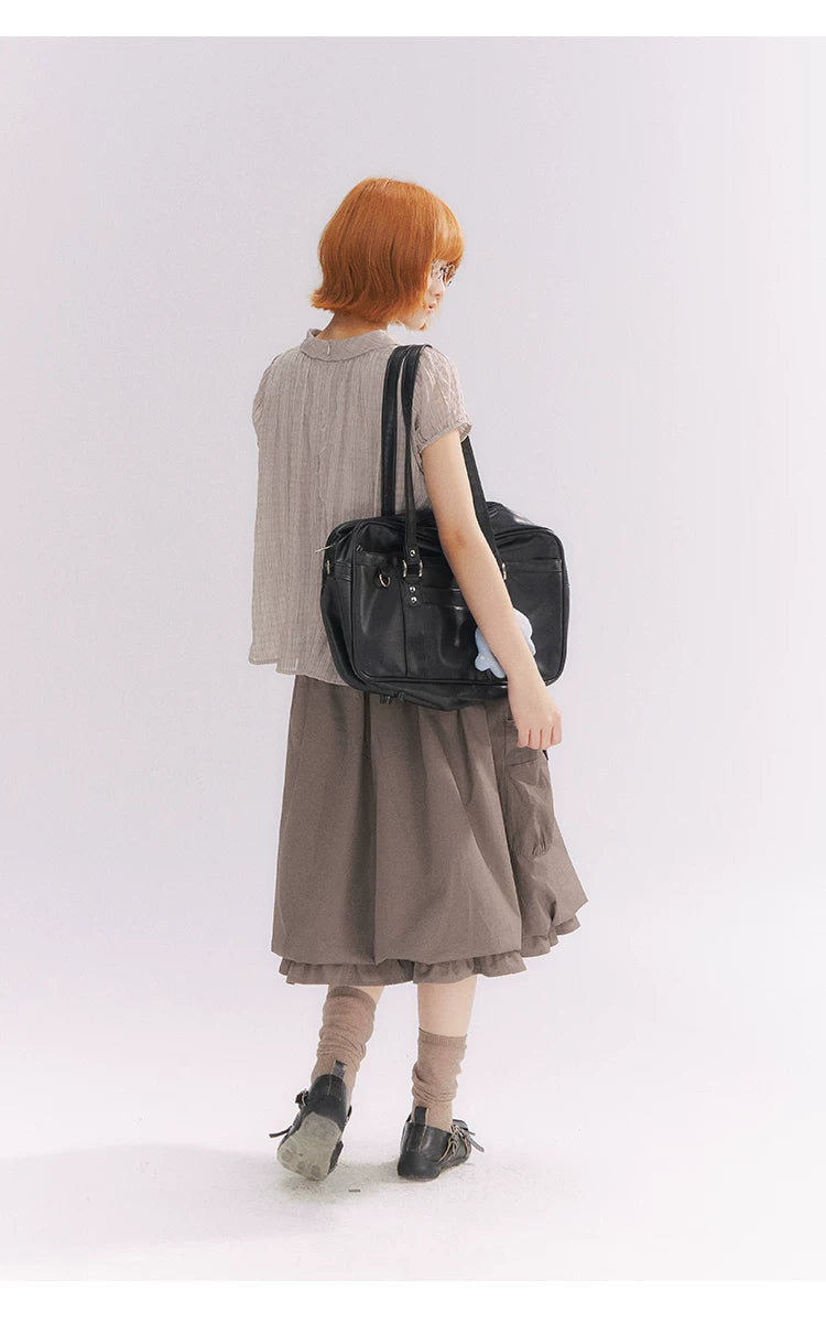 “Sweet & Cool Girl” Taupe Bow Drawstring High-Waist A-Line Cargo Skirt