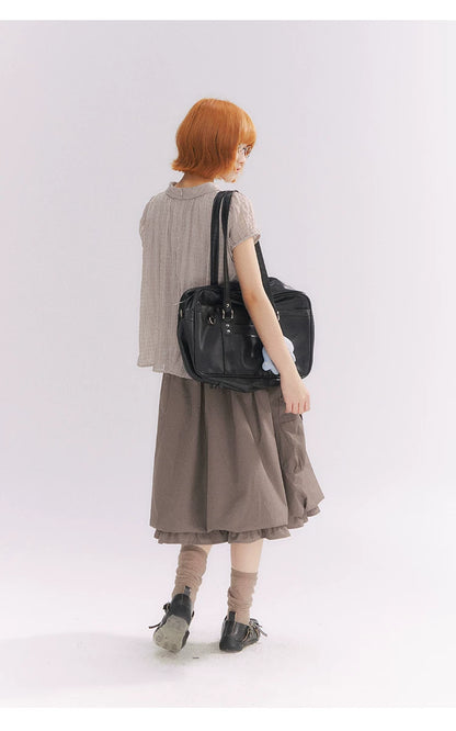 “Sweet & Cool Girl” Taupe Bow Drawstring High-Waist A-Line Cargo Skirt