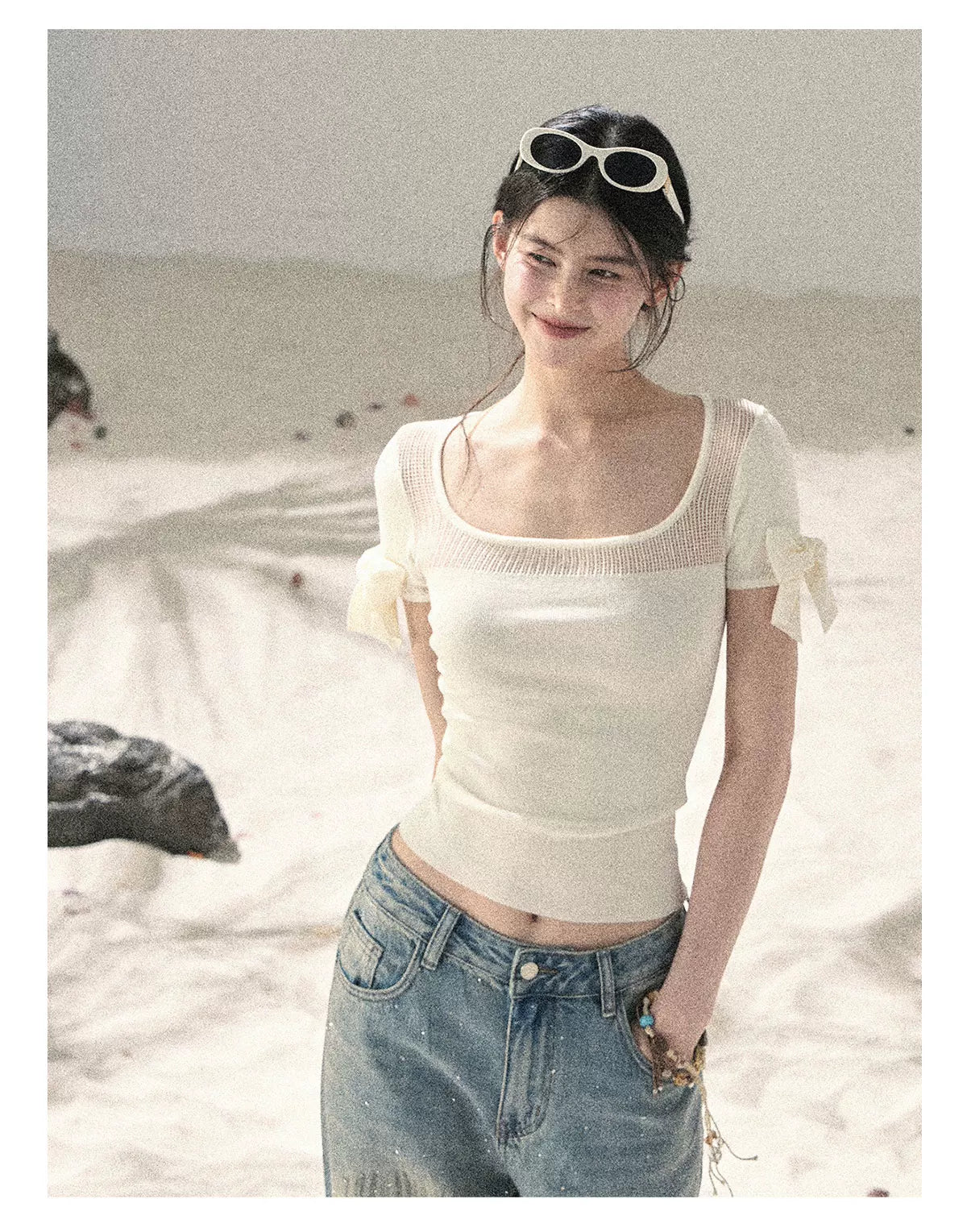 "Gentle Ocean Tide" Dutch Cream Cutout Knit Crop Top 75511