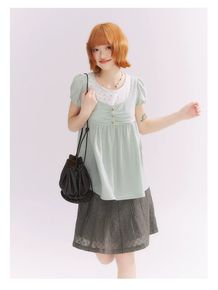 “Misty Texture” Gray Plaid Trim Embroidered A-Line Skirt
