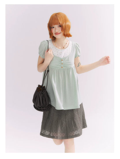 “Misty Texture” Gray Plaid Trim Embroidered A-Line Skirt
