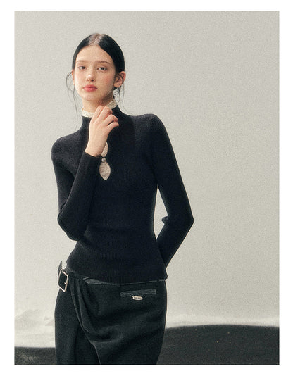 040126 "Lacewoven Dream" Mock Neck Layered Lace Knit Top - Obsidian Black