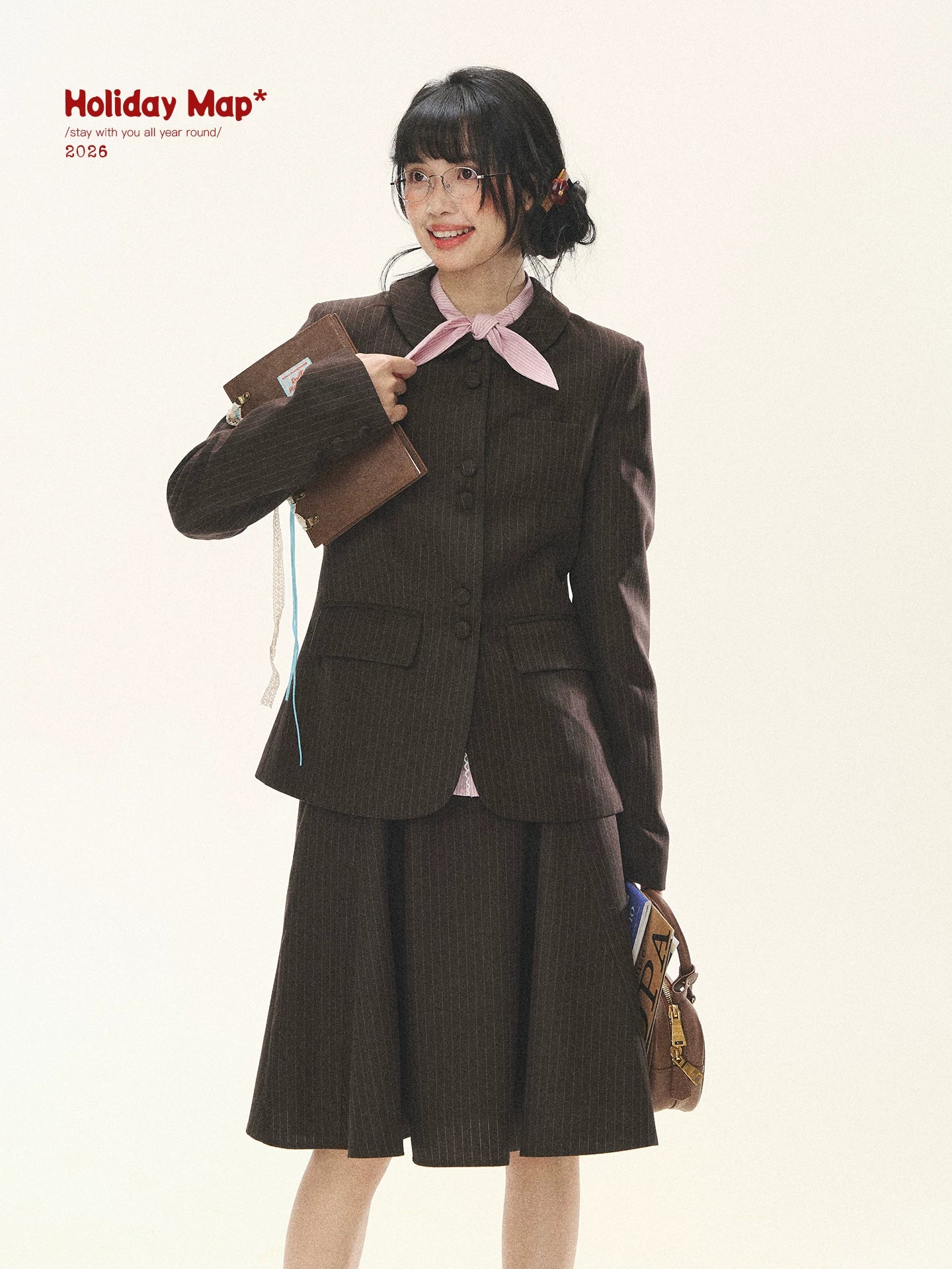 "Academy Memoir" Chocolate Brown Stripe Blazer & Pleated Skirt Set