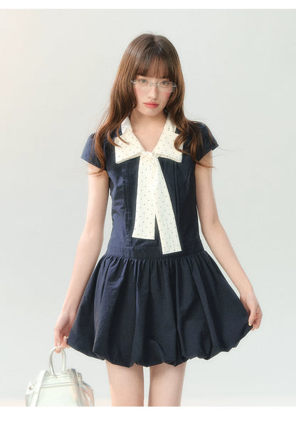 "Midnight Academy Letter" Navy Contrast Collar Dress