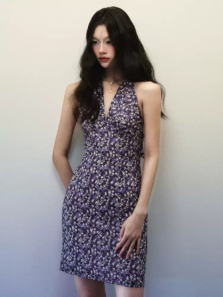 1P - Purple Floral Halter V-Neck Mini Dress