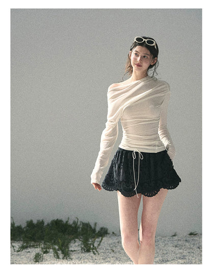 “Where Shadow Walks Beside Light” Milk Apricot Asymmetrical Top