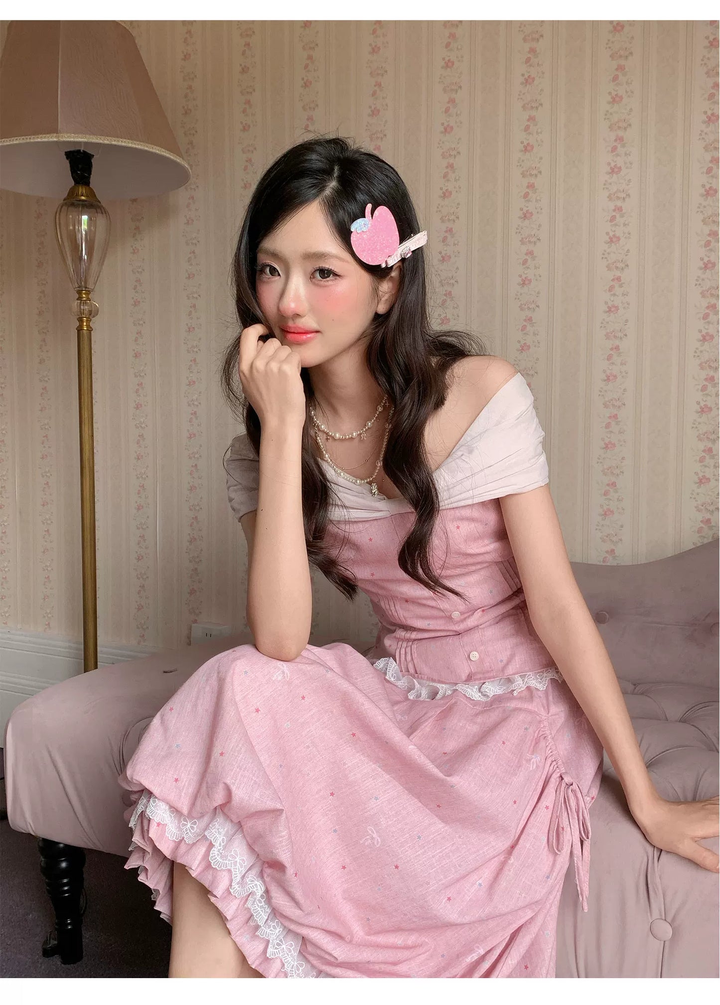 “Peach Mist Starlit Meadow” Pink Off-Shoulder Skirt Set
