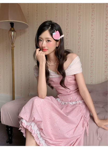 “Peach Mist Starlit Meadow” Pink Off-Shoulder Skirt Set