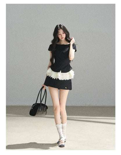 "The Unlit Spirit" High-Waisted A-Line Skort (Angora Red/ Tranquil Black)