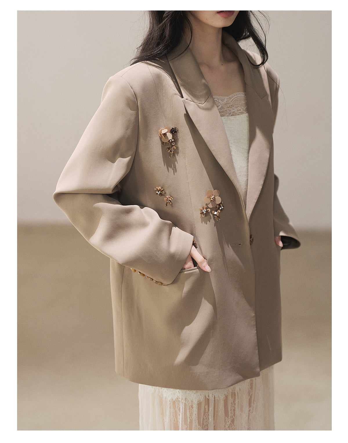 170726 "Your Open Meadow" Taupe Gray Floral Embellished Oversized Blazer