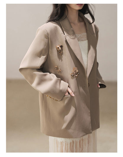 170726 "Your Open Meadow" Taupe Gray Floral Embellished Oversized Blazer